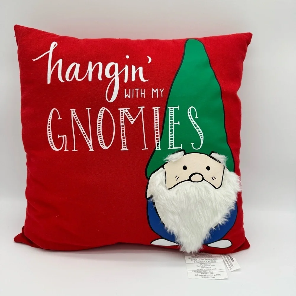 HOLIDAY LANE HANGIN' WITH MY GNOMIES RED HOLIDAY DECORATIVE SQUARE PILLOW